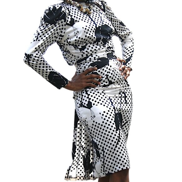 LESLIE RUBIN 50s Style Statement Black & White Floral Silk Midi Dress 4 - Picture 1 of 14